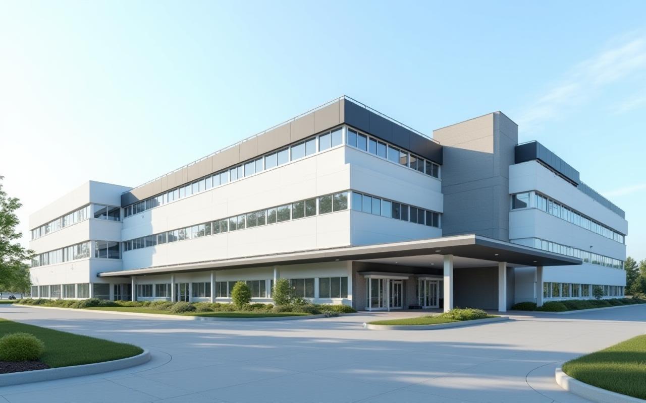 Modern hospital building with newly installed roofing, showcasing clean lines.