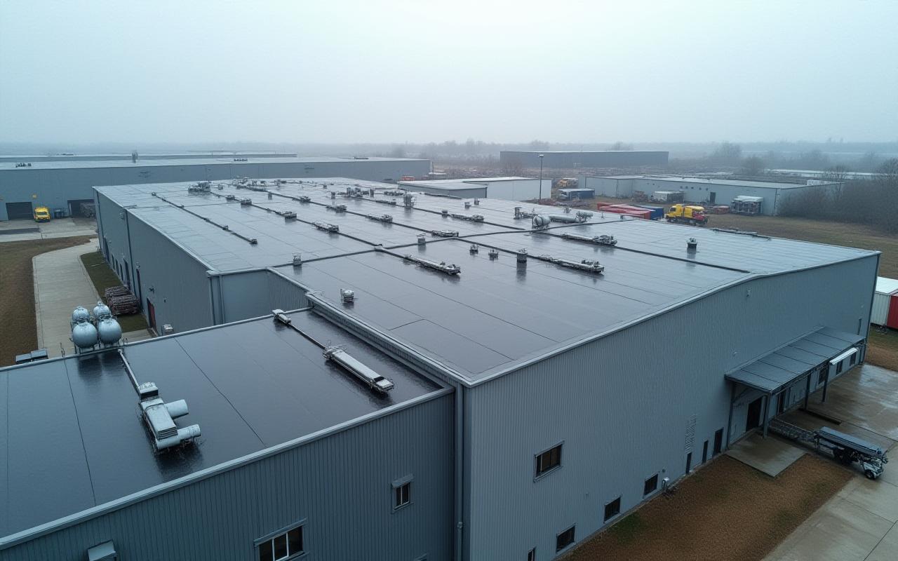 Expansive industrial manufacturing plant with a robust, newly installed roof.