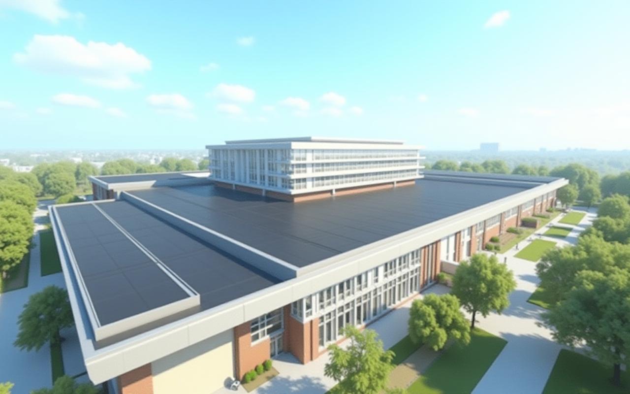 Large, modern university building with a newly installed, expansive commercial roof.