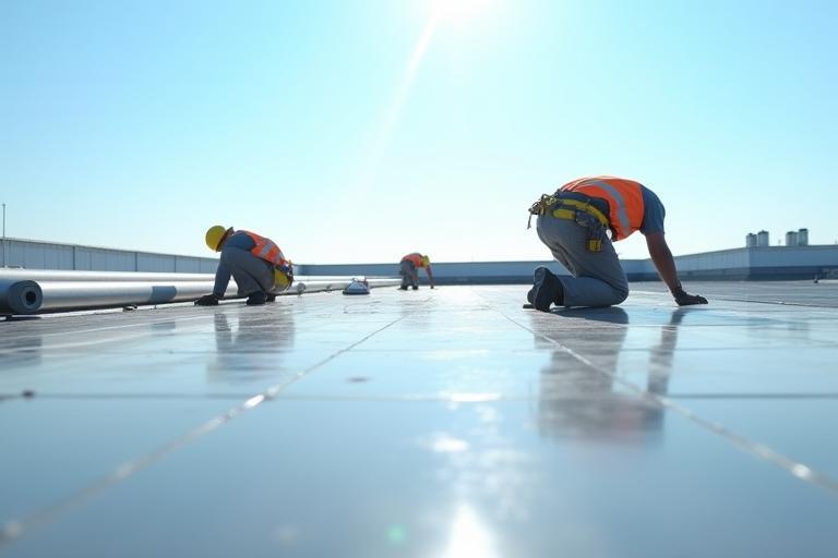 Professional installation of a low-slope roofing system on a commercial building.