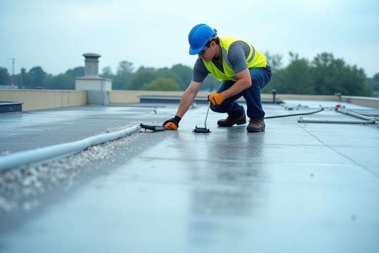 Lehman Roofing technician performing routine maintenance on a commercial roof.